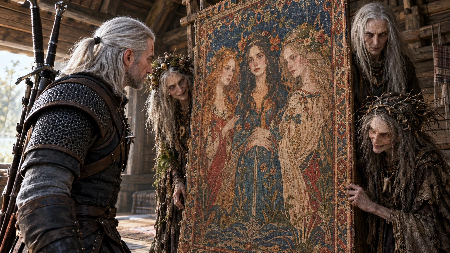 At Crookback Bog, Geralt encounters the Crones behind the beautiful image they first present in The Witcher 3: Wild Hunt.