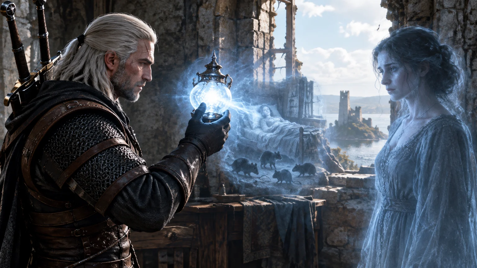 On Fyke Isle, Geralt’s magic lamp reveals a ghostly memory as Anabelle’s account turns investigation into a choice about belief.
