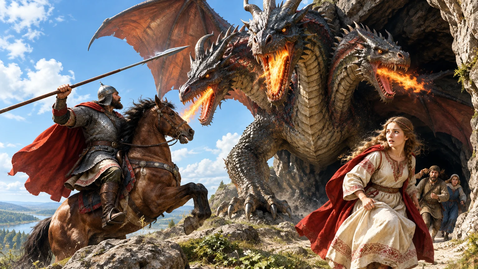 Dobrynya Nikitich confronts three-headed Zmey Gorynych as Zabava and other captives escape, turning the heroic battle into a rescue.