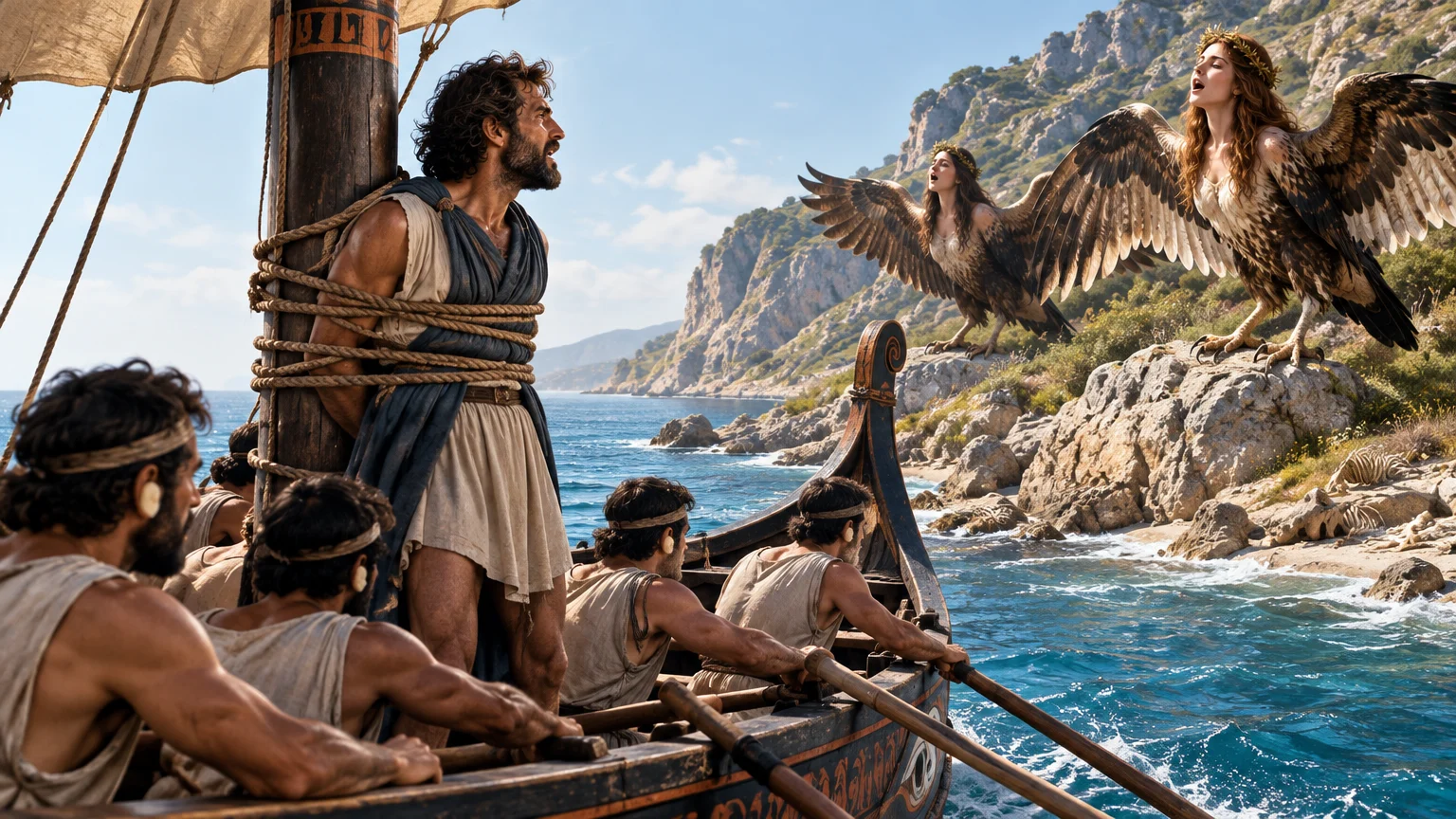 Bound to the mast, Odysseus hears the bird-bodied Sirens sing as his crew steers past their dangerous shore.