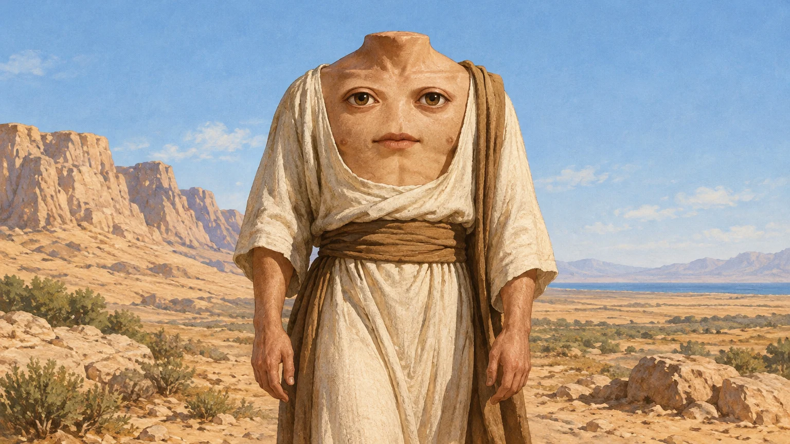 A manuscript-inspired legendary Blemmyes, whose eyes and mouth were said to occupy the chest - not a portrait of the real people of northeastern Africa.