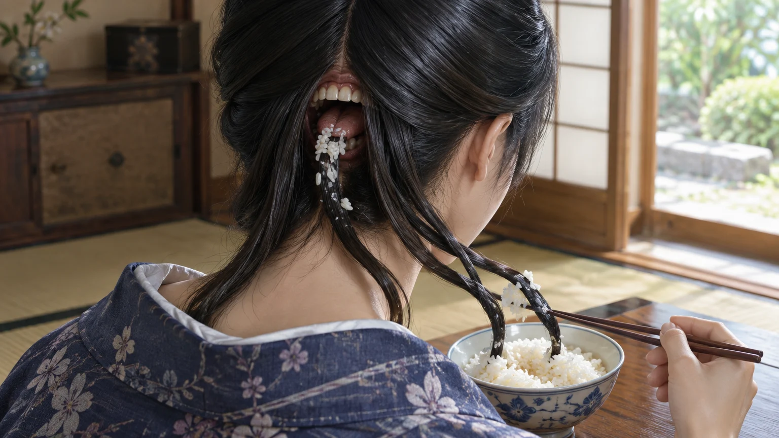 In the futakuchi-onna tale recorded in 1677, a hidden mouth exposes the horror of a stepmother’s cruelty toward her stepchild.