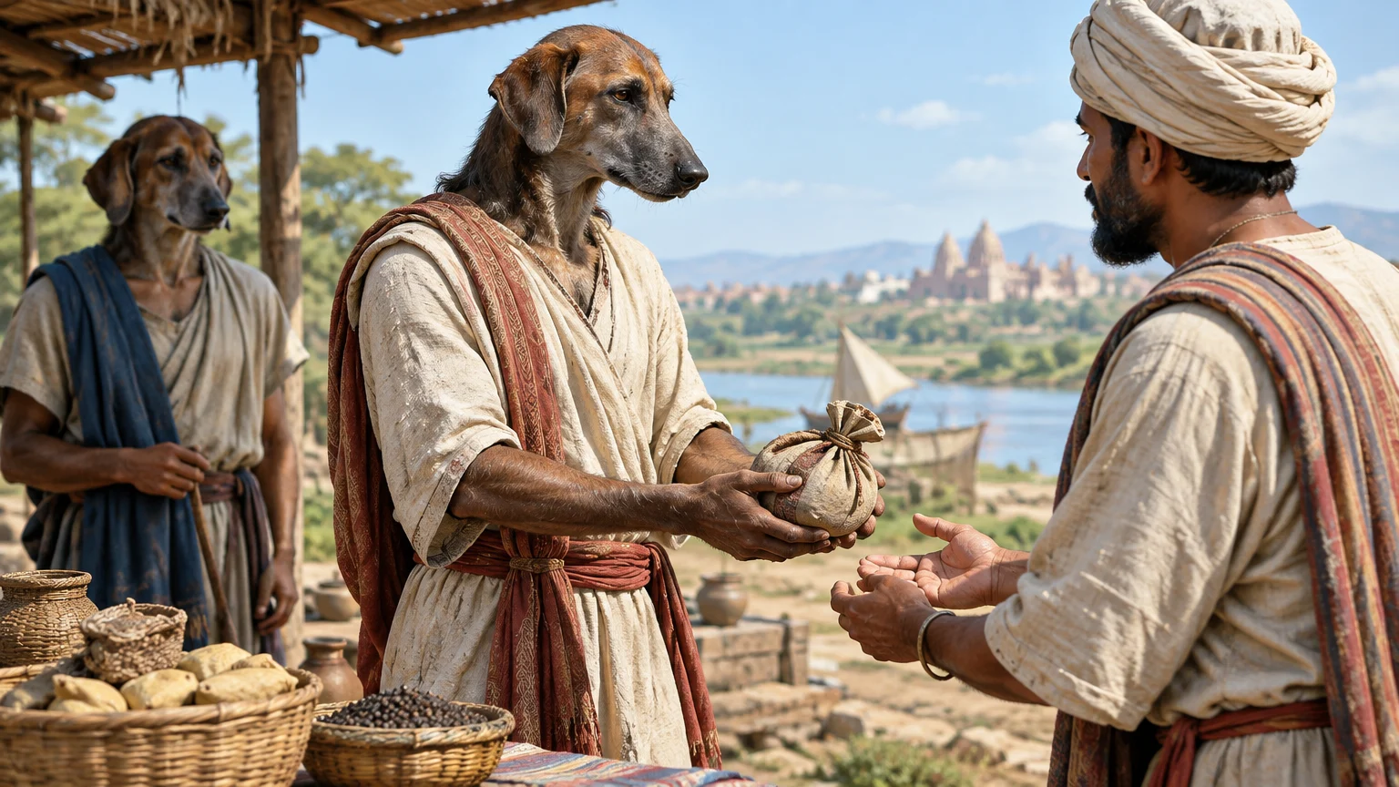 A legendary Cynocephalus trader exchanges goods with a human partner, illustrating Ctesias’s account of cooperation in imagined India.