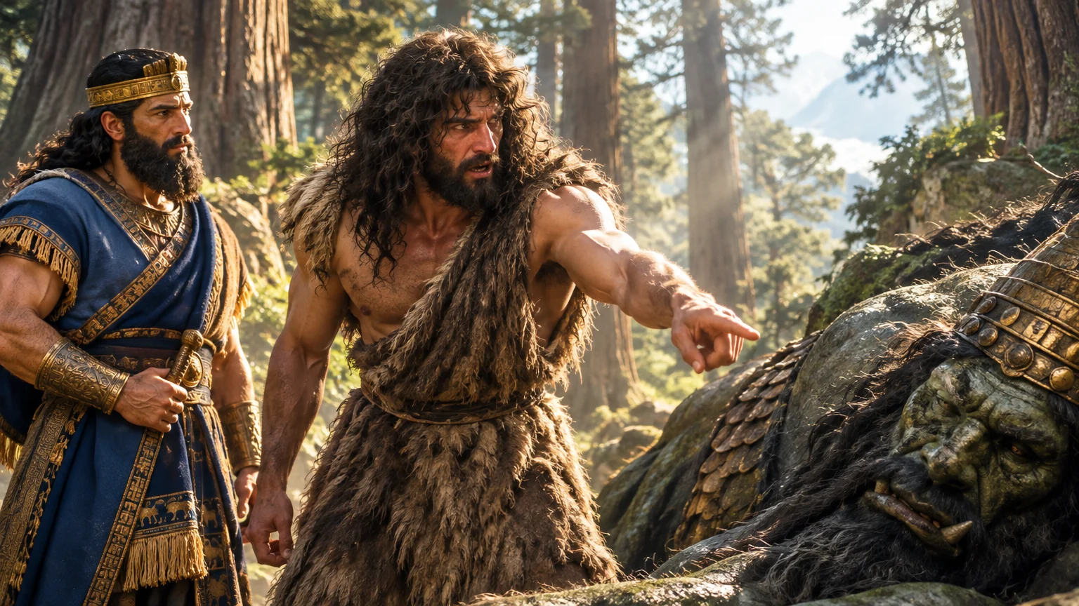 In the Cedar Forest, Enkidu urges Gilgamesh to kill the defeated Humbaba, a choice that entwines their loyalty with violence.