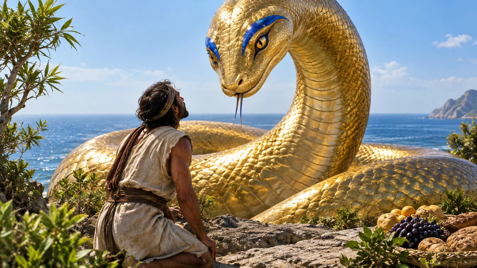 The Shipwrecked Sailor listens as the golden serpent promises rescue, turning a terrifying encounter into hope of returning home.