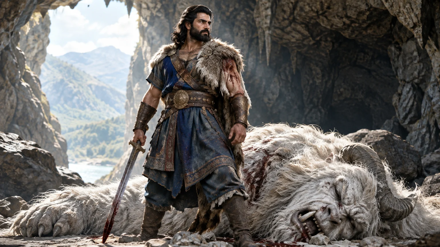 Rostam defeats the White Demon in the final trial of his journey to rescue King Kay Kavus.