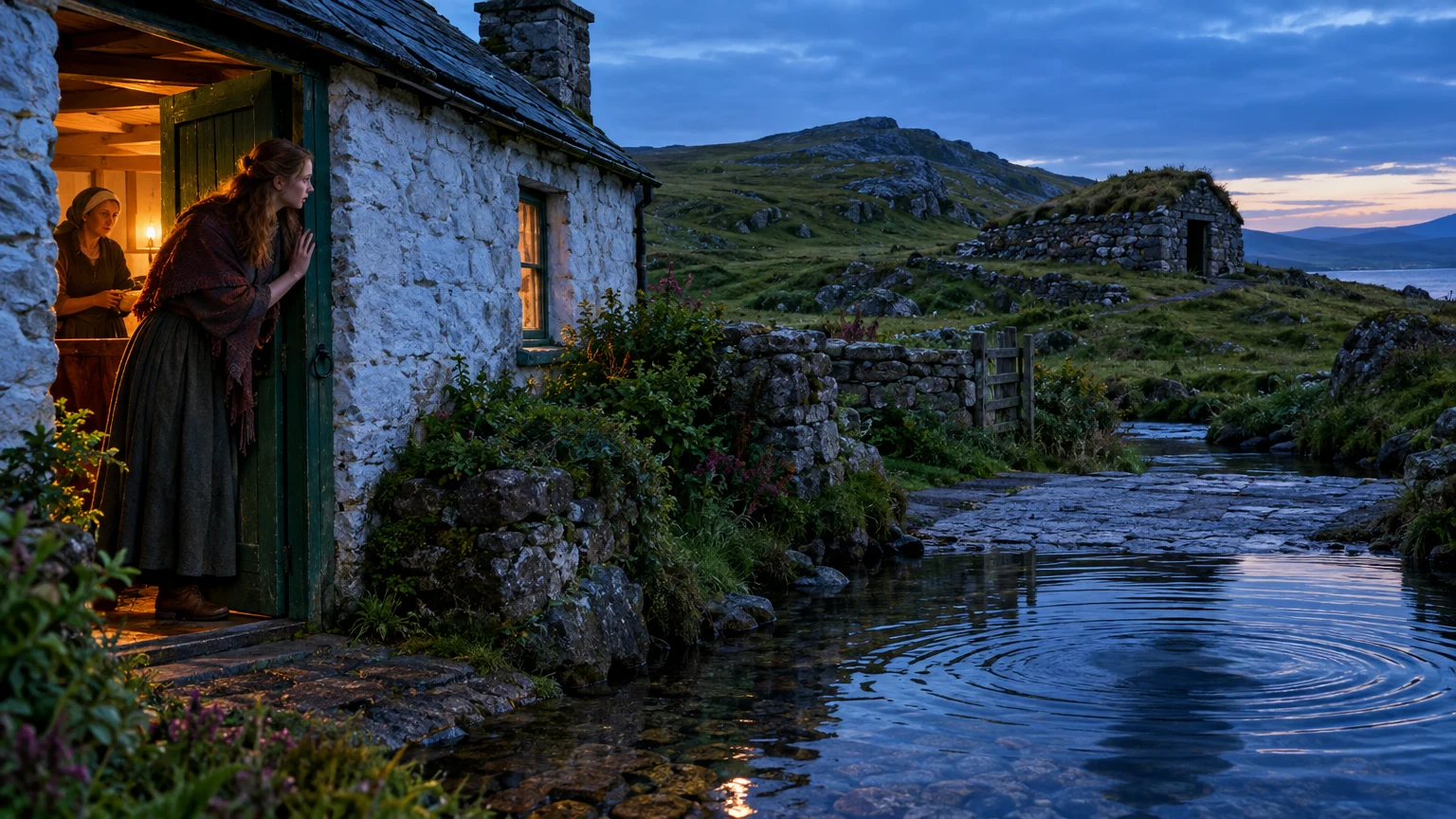 At the threshold, a household listens toward the ford, where Celtic folklore places encounters with voices, visitors, and dangerous water-haunters.
