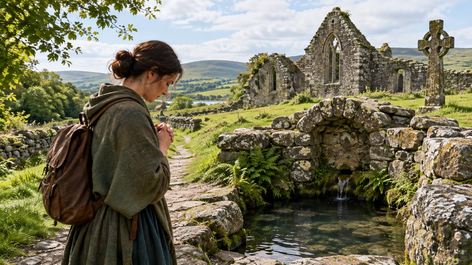 At Ballyvourney, a pilgrim pauses beside Saint Gobnait’s holy well, approaching a landscape shaped by Christian devotion and remembrance.