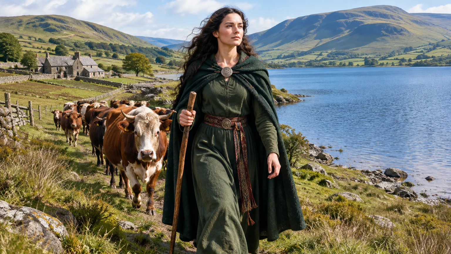 The lady of Llyn y Fan Fach leads her cattle back to the lake, leaving the farm’s prosperity behind with her departure.
