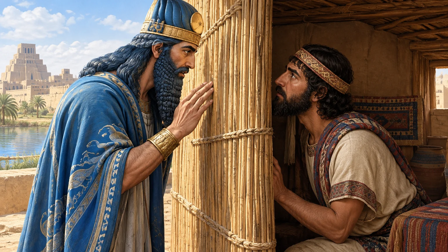 Ea addresses a reed wall with boat-building instructions as Atrahasis listens inside, in this traditional illustration of the Akkadian flood story.