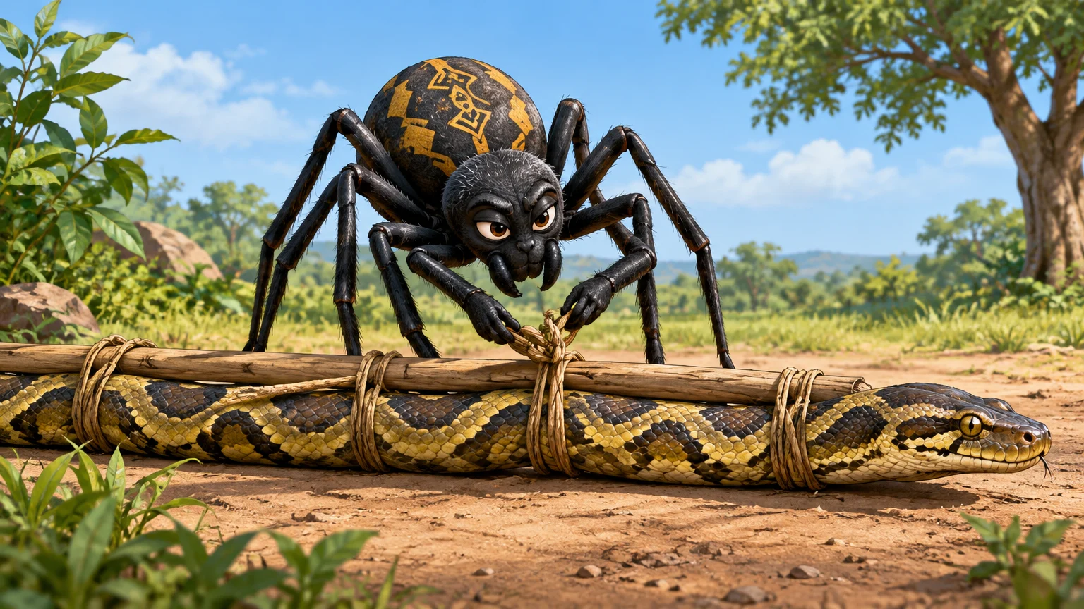 In a traditional Akan tale, Ananse tricks a python into stretching beside a pole, making the formidable captive easier to bind.