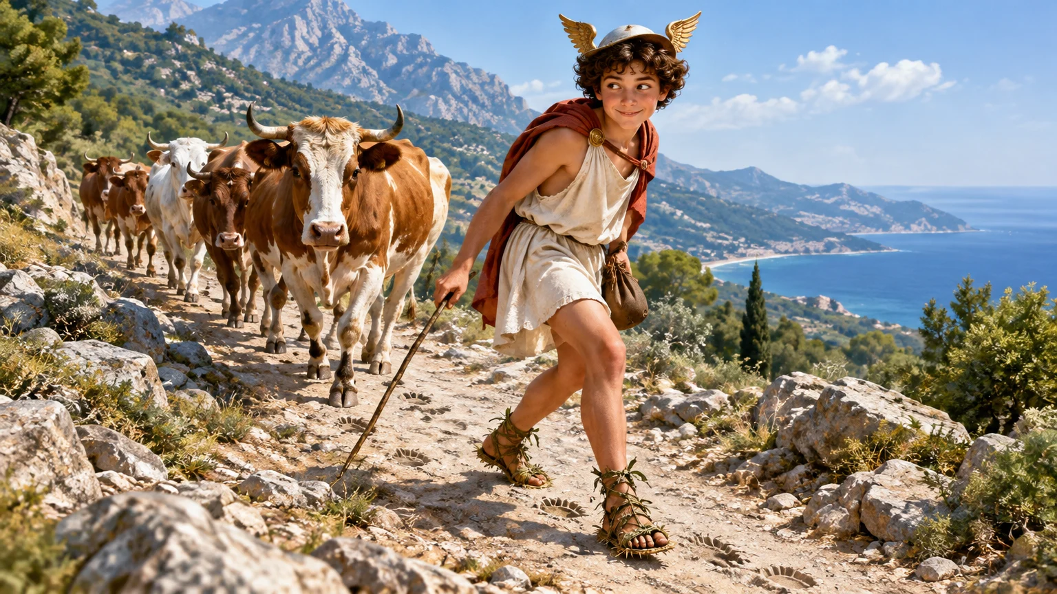 In the Homeric Hymn to Hermes, the newborn god drives Apollo’s cattle backward, disguising the trail through Pieria.