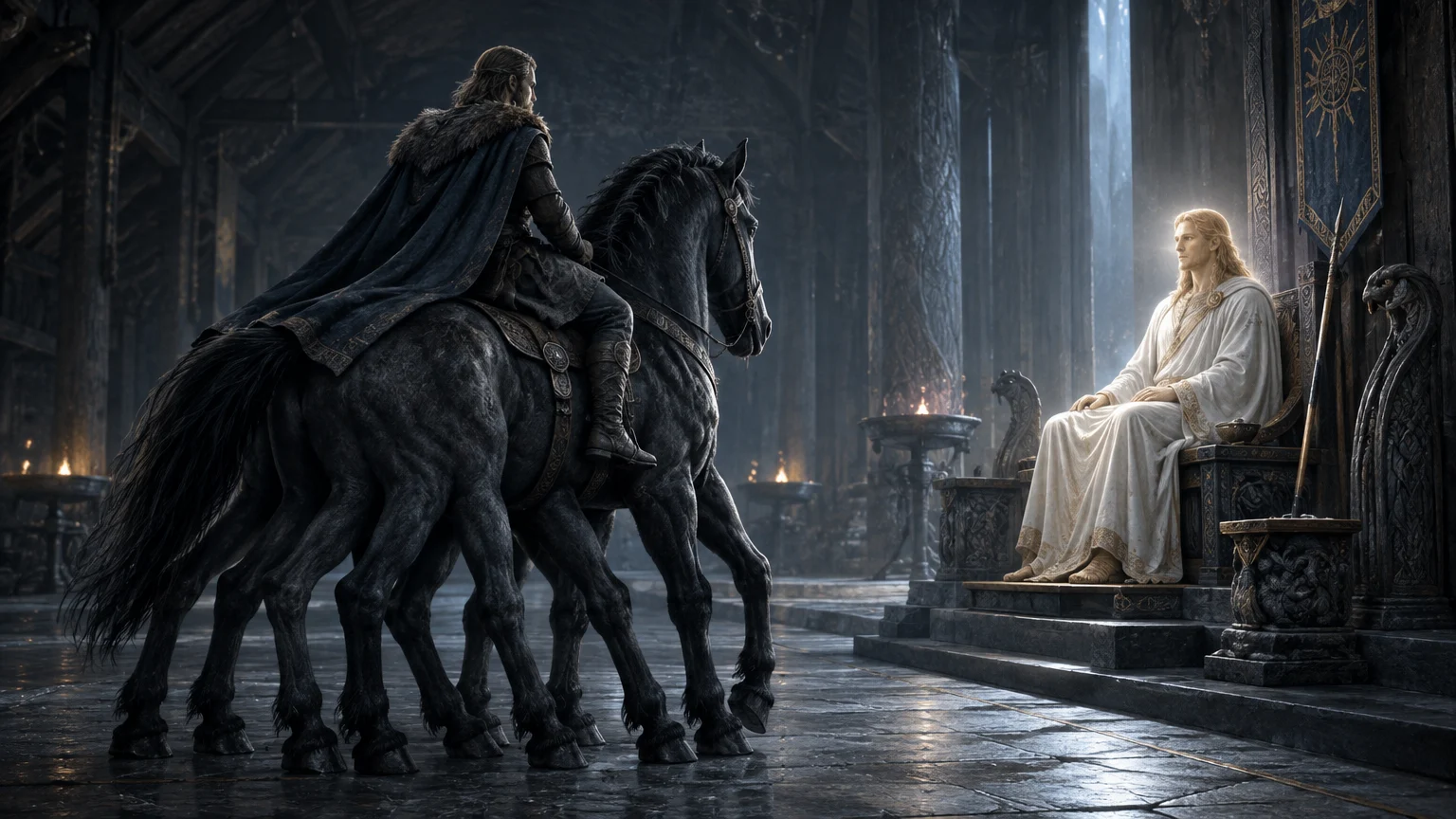 Hermóðr arrives on Sleipnir in Hel’s hall, where Baldr sits among the dead after his journey across Gjöll.