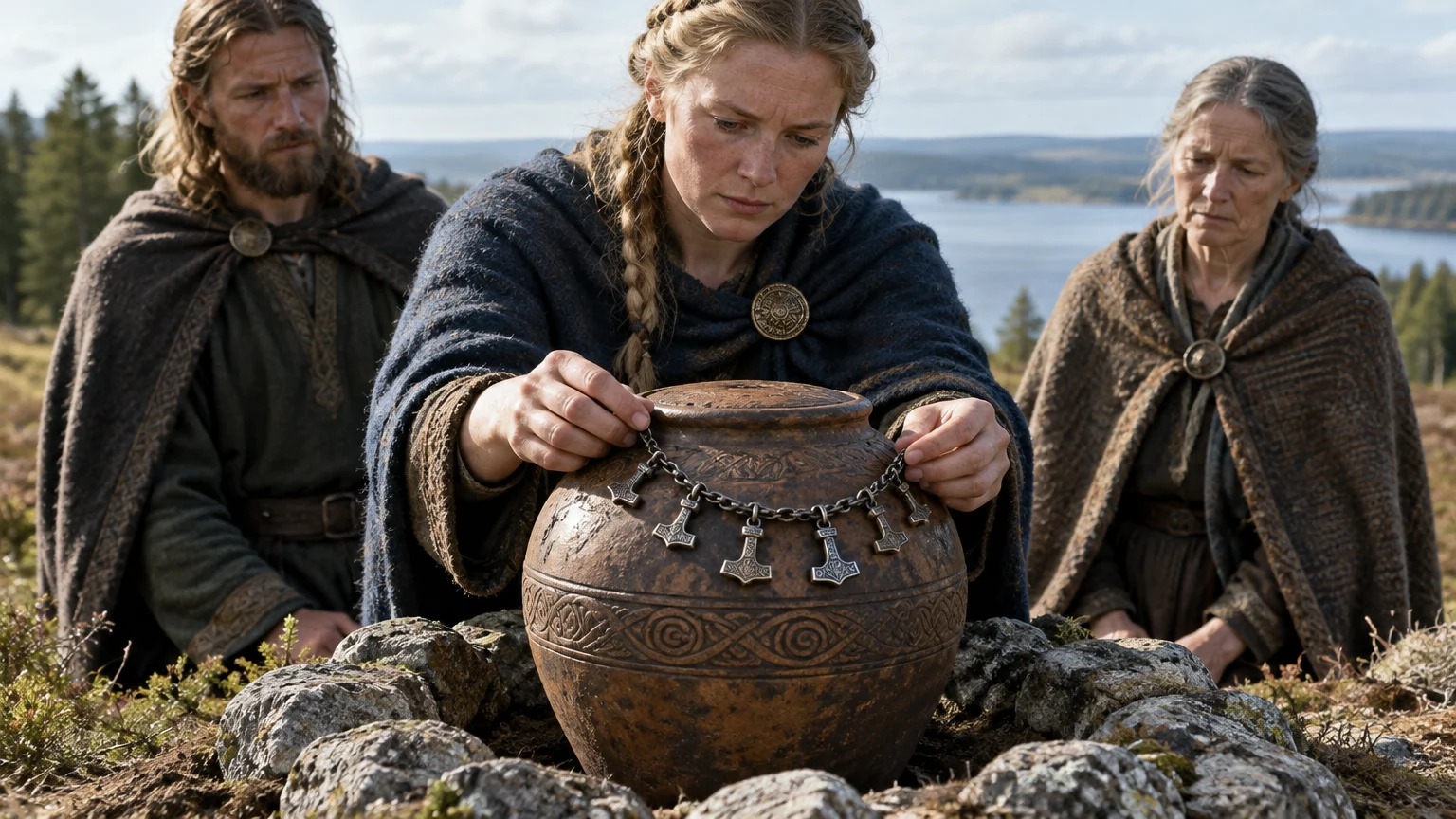 Mourners place an iron ring threaded with small hammer pendants atop a cremation urn in the Mälaren Valley.