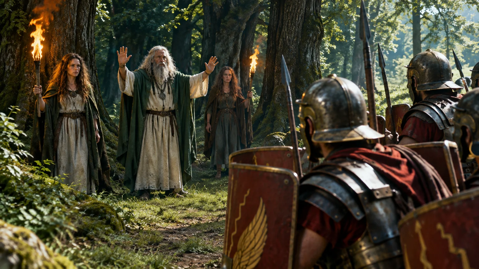 Druids raise their hands as torch-bearing women confront Roman soldiers, who hesitate before advancing into Mona’s sacred grove.