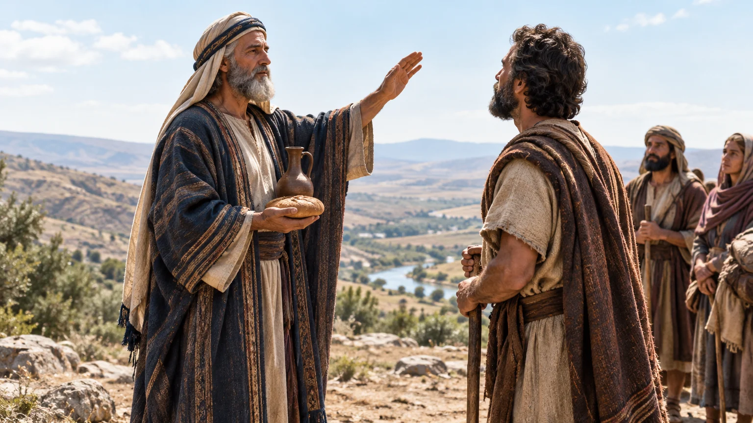 Melchizedek brings bread and wine to Abram and blesses him in the Valley of Shaveh.