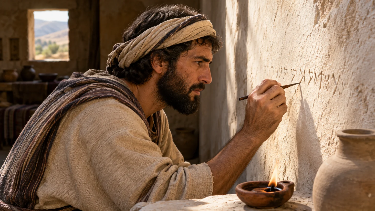 An Iron Age scribe scratches a blessing into plaster at Kuntillet Ajrud, preserving an invocation associated with Yahweh.