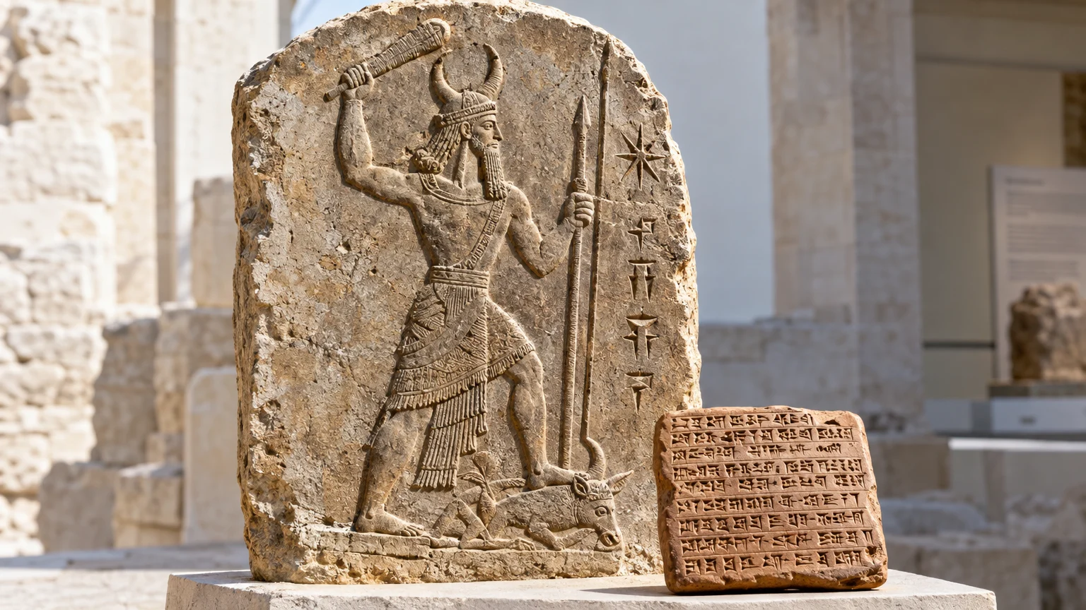 A limestone relief of Baal and a Ugaritic cuneiform tablet represent neighboring religious traditions that scholars compare with the Hebrew Bible.