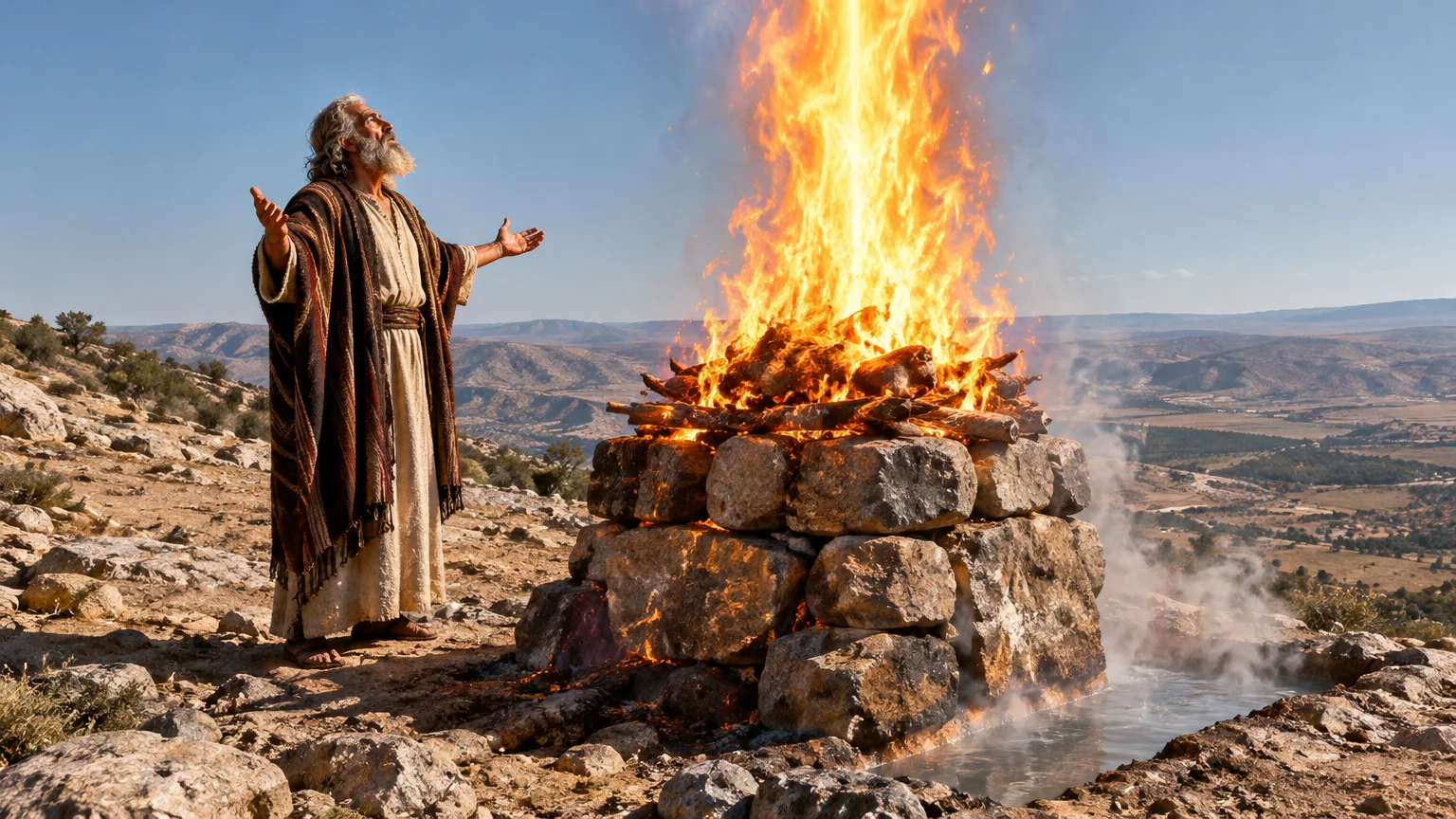 On Mount Carmel, fire from Yahweh consumes Elijah’s offering, the wood, the stones, and the water in the trench.