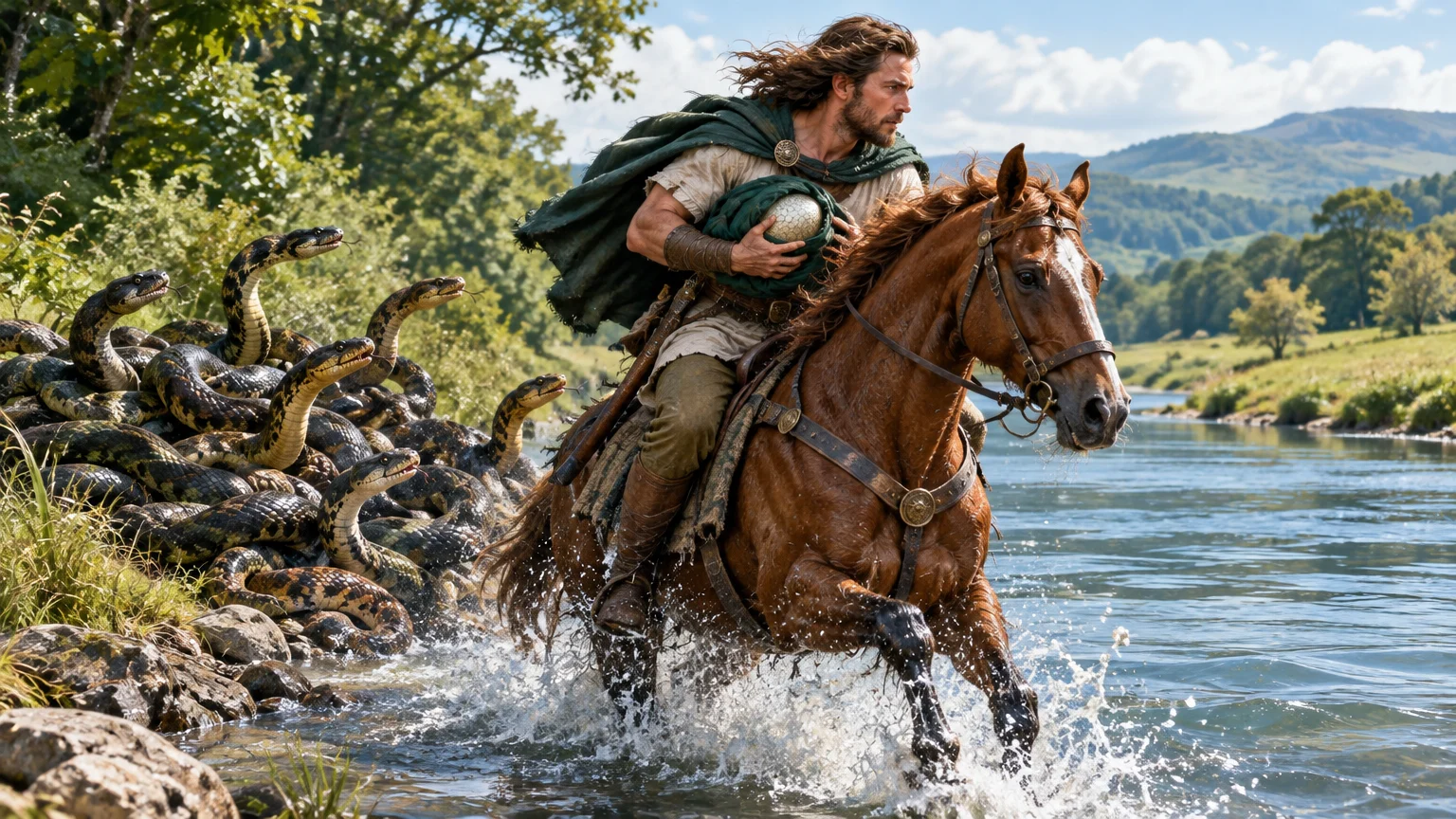 Pliny the Elder recounts a tale of a Gaulish rider escaping across a river with the fabled serpent’s egg.