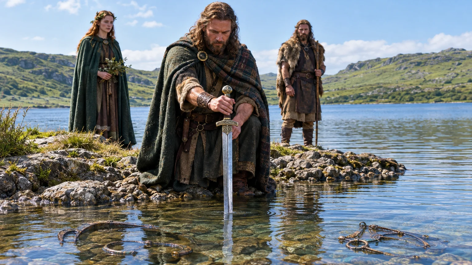 At Llyn Cerrig Bach, a sword enters the water beside metal objects that archaeologists have recovered from the Anglesey lake.