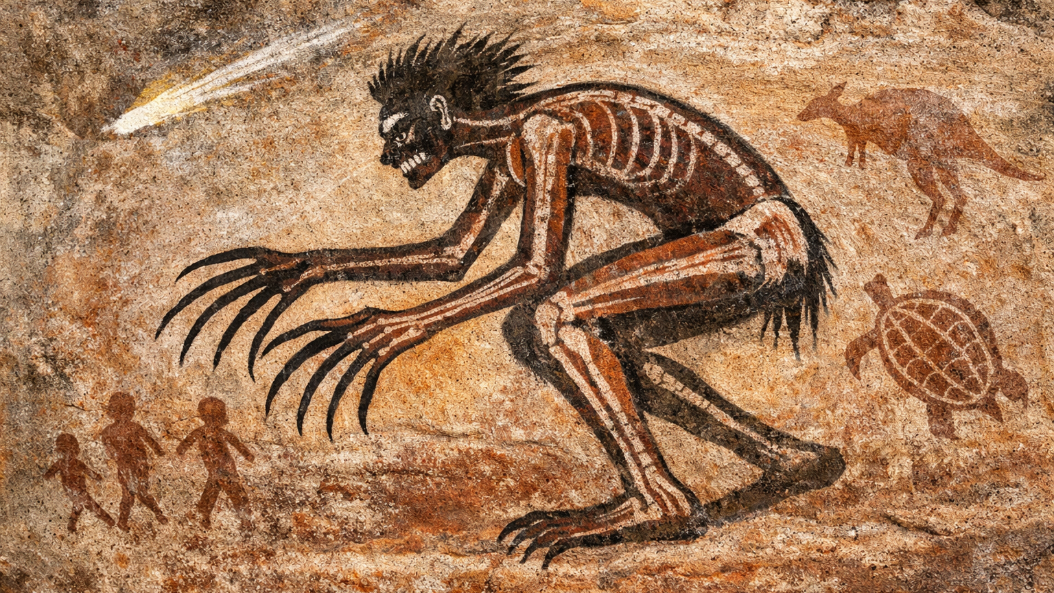 A humanlike figure travels through the night beneath a streaking meteor.