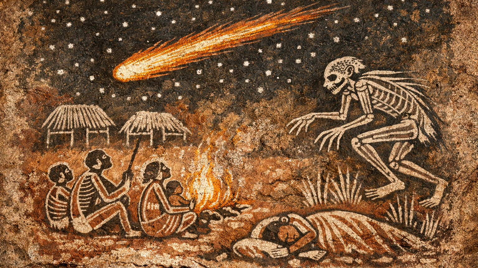 A bright meteor crosses the dark sky and vanishes above the landscape.