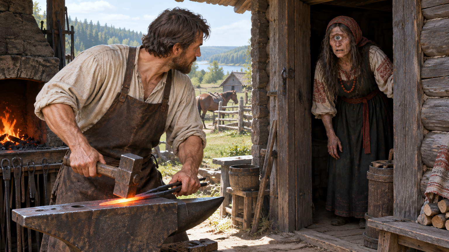 A blacksmith works with tools beside a fire in a plain workshop.