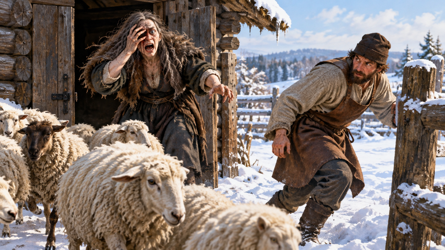 The blacksmith stands outside the dwelling as the blinded figure faces its departing flock.