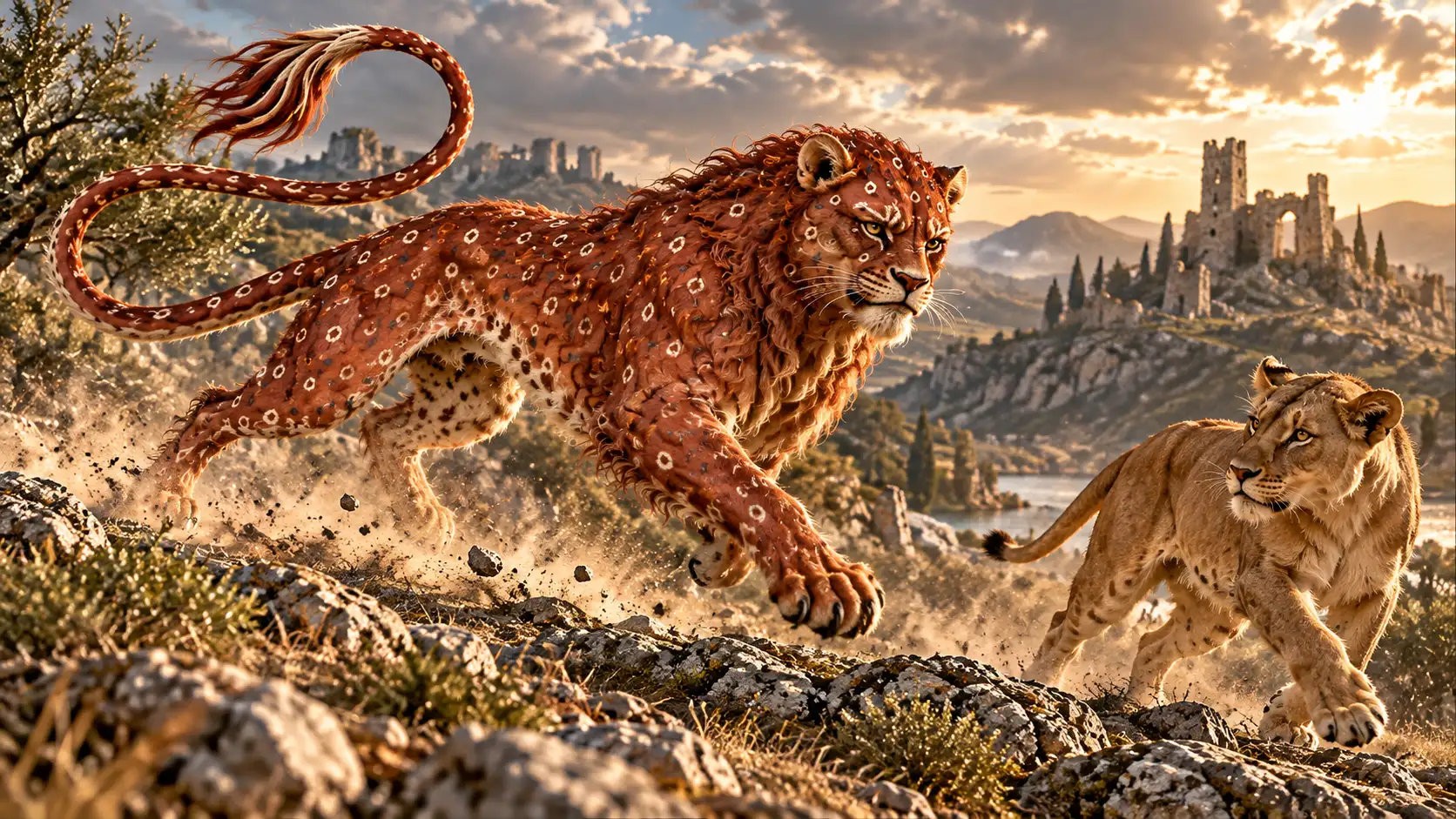 The mythical Pard pursues a lioness across a rocky landscape, illustrating the medieval bestiary legend that their union produced the leopard. The scene recreates the creature's extraordinary appearance as imagined in 12th-century folklore.