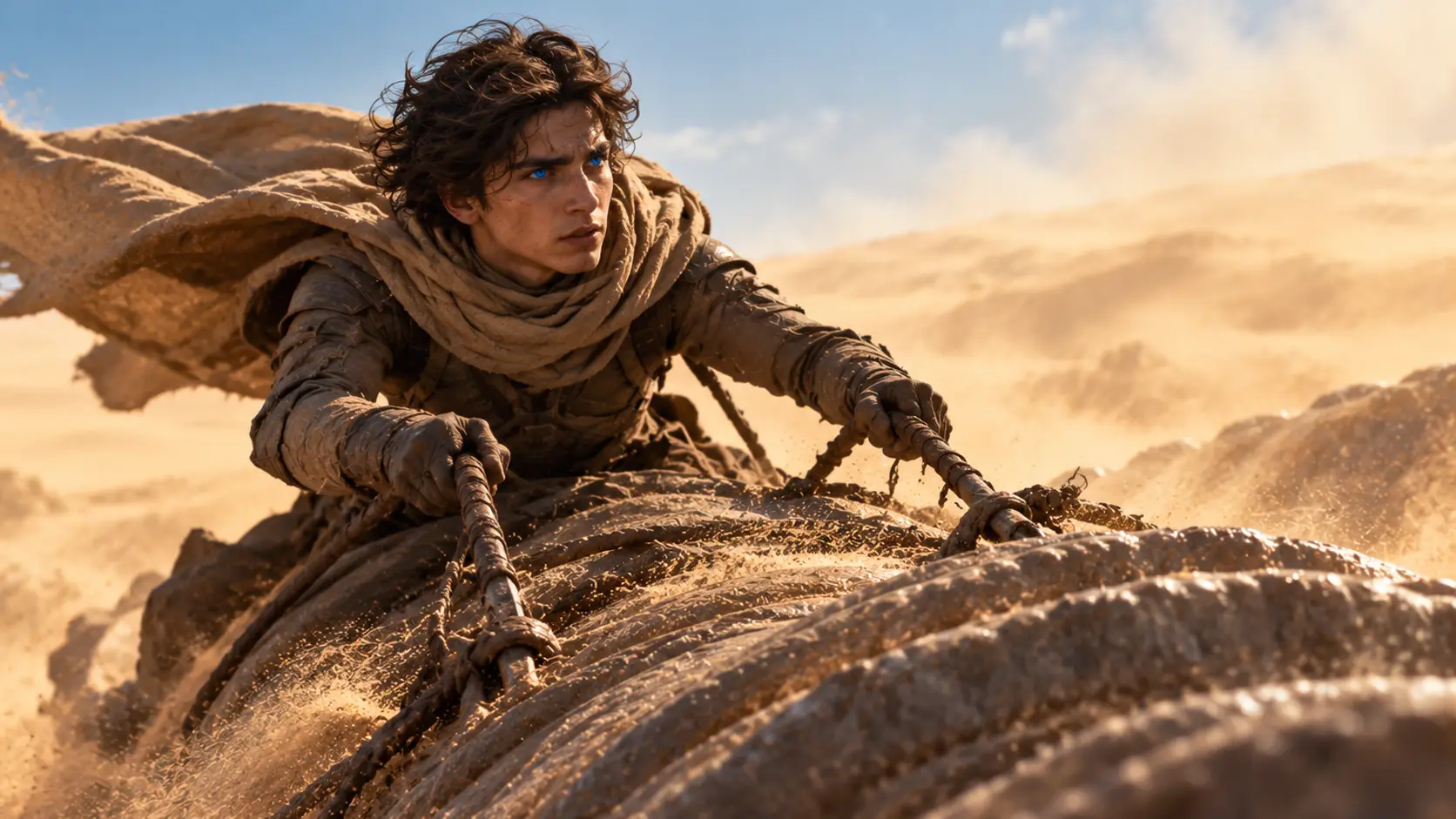 Paul Atreides rides Shai-Hulud across Arrakis, using Fremen hooks to control the sandworm while his blue spice-altered eyes reflect his growing integration into Fremen life.