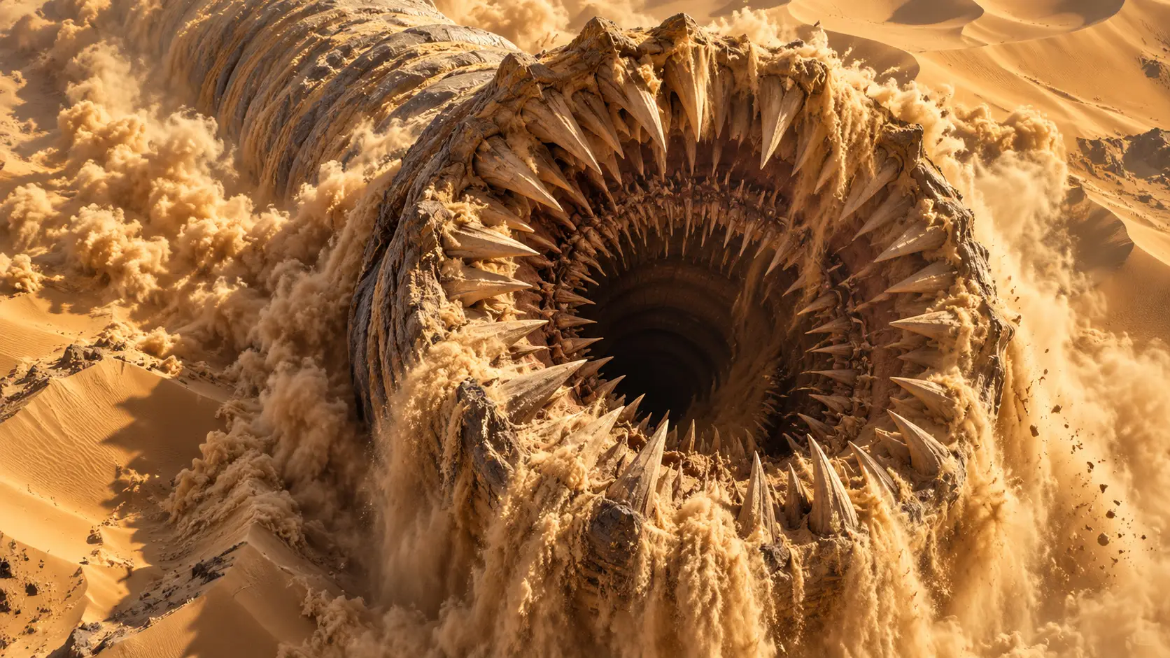 A close aerial view of Shai-Hulud’s immense maw captures the Sandworm as Arrakis’s most iconic force: a colossal desert predator whose scale, teeth, and eruption from the dunes embody both ecological power and mortal danger.