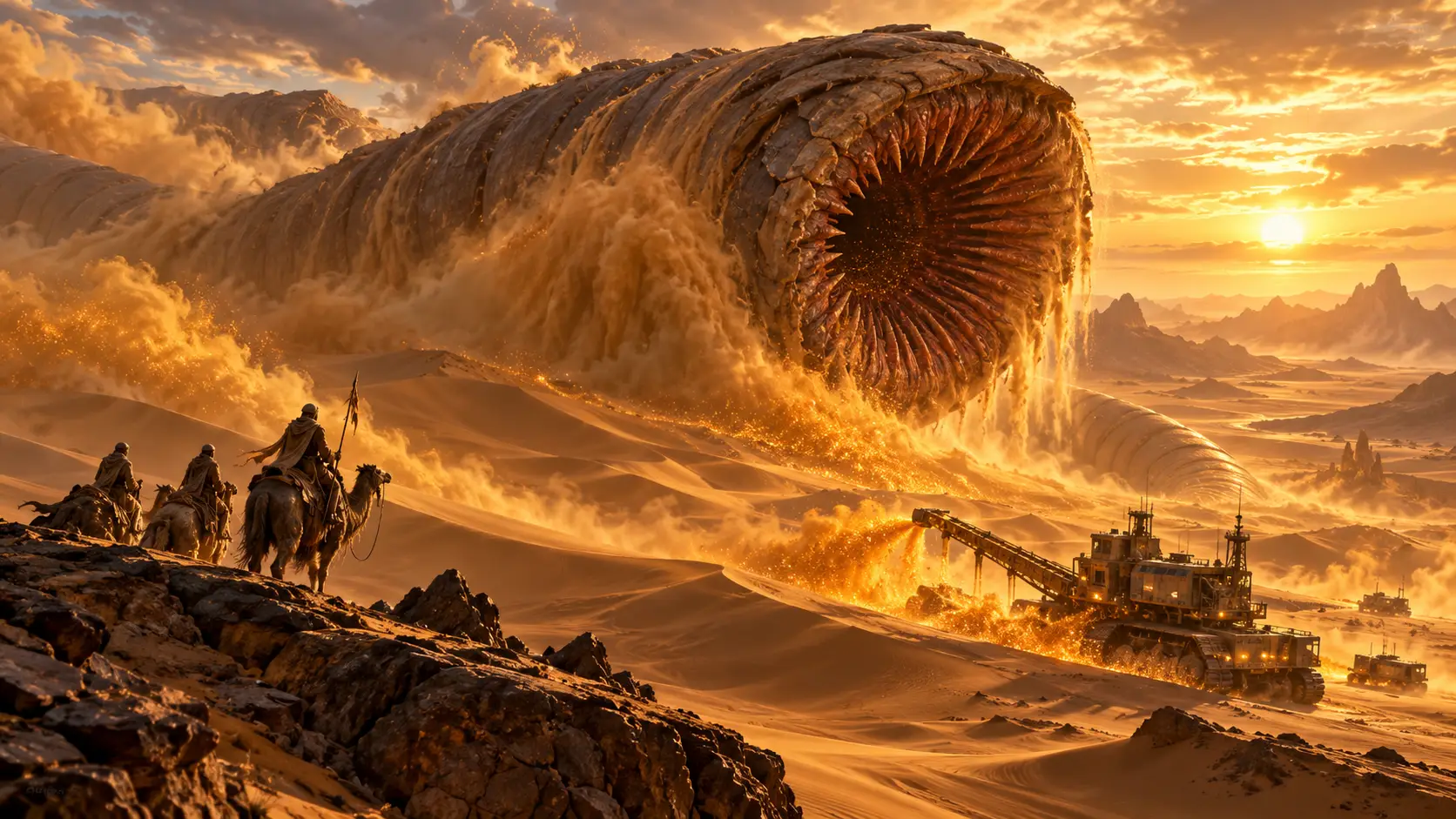 Fremen riders and spice harvesters confront the immense Sandworm of Arrakis, illustrating the creature’s dual role as both a deadly desert force and a vital part of the ecosystem that produces spice.