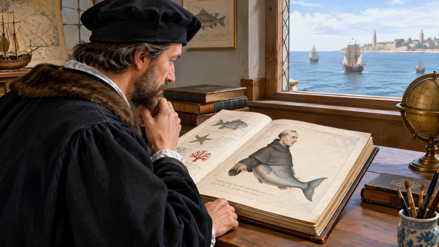 A natural history book displays a monk-like sea creature among depictions of marine animals.