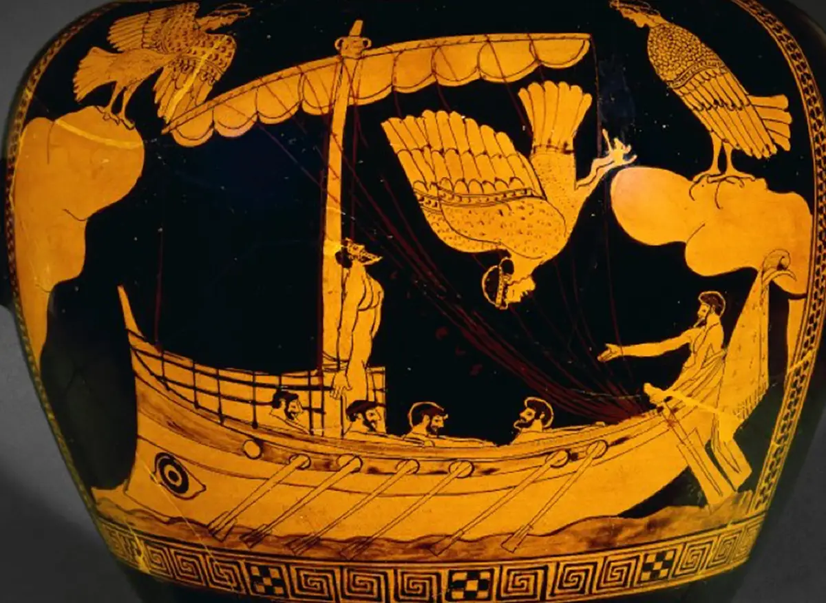 Odysseus orders his men to block their ears with beeswax while tying him to the mast