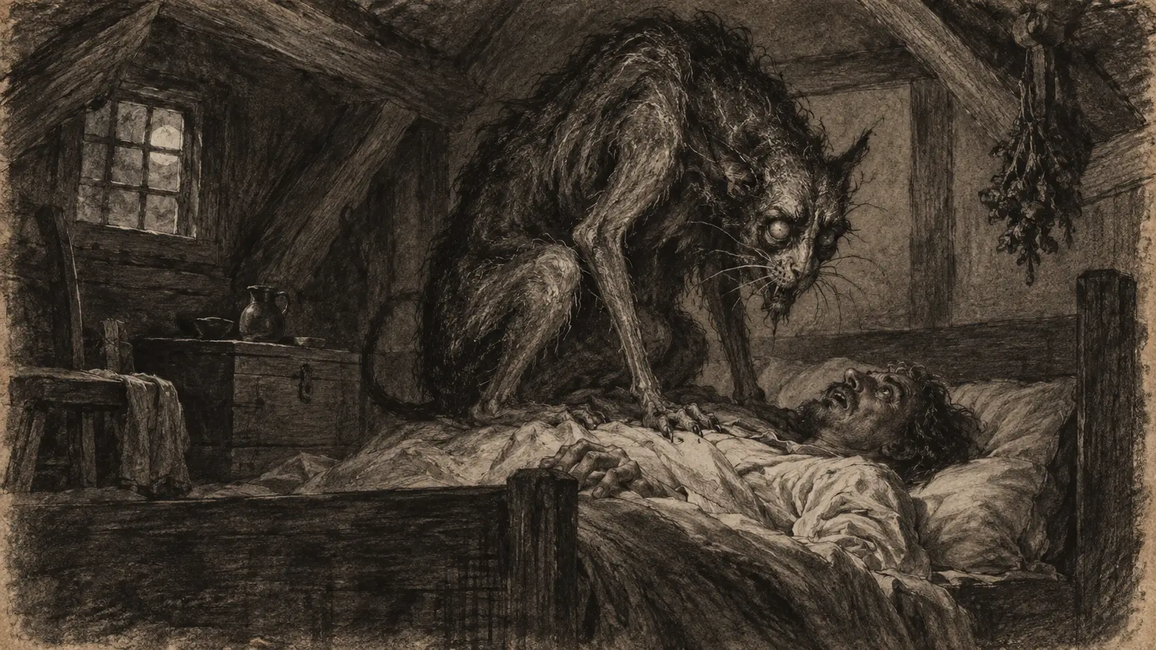 one early tradition, preserved in Adelung’s dictionary, imagines the spirit as a cat or similar animal whose weight on the sleeper gives the nightmare its oppressive physical force.