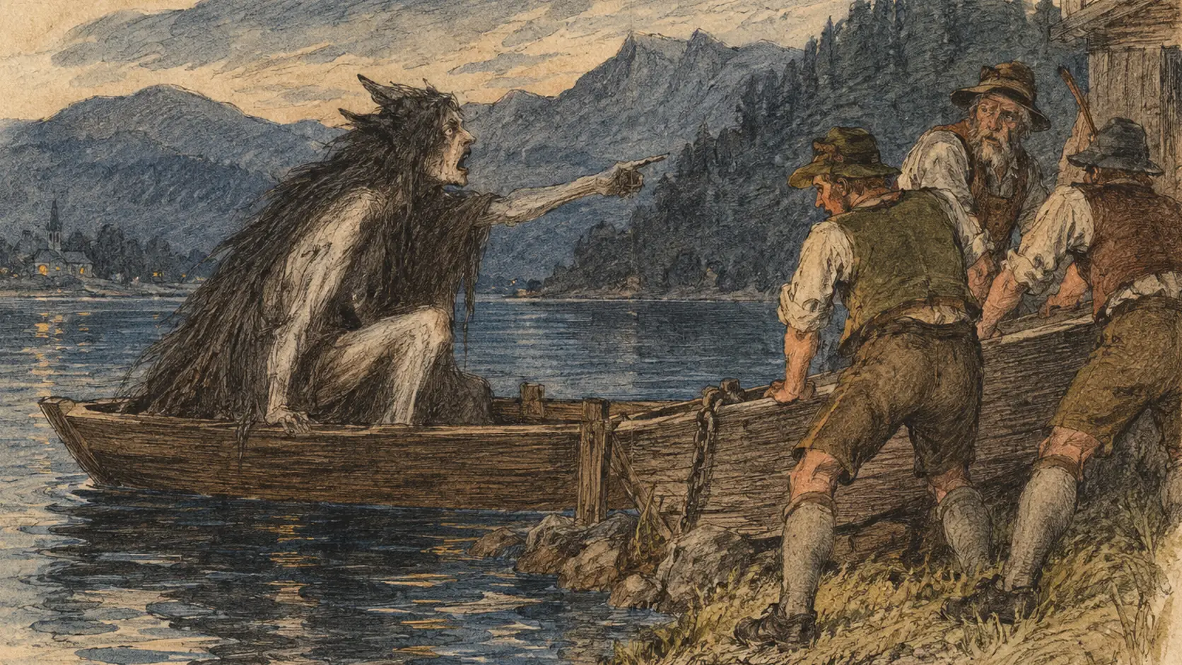 The Alp or Trud depends on a boat to cross the water, and the herdsmen discover that taking away its means of travel gives them temporary power over the supernatural visitor.