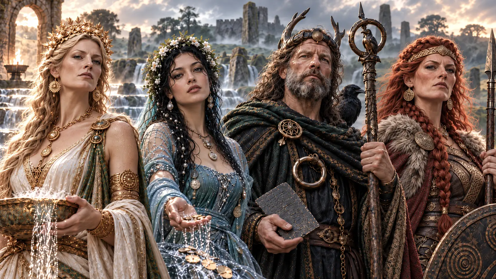 From right to left: Brigantia, Nodens, Coventina, and Sulis, four divine figures of ancient Britain, shown together in a mythic vision of war, protection, sacred waters, healing, and justice.