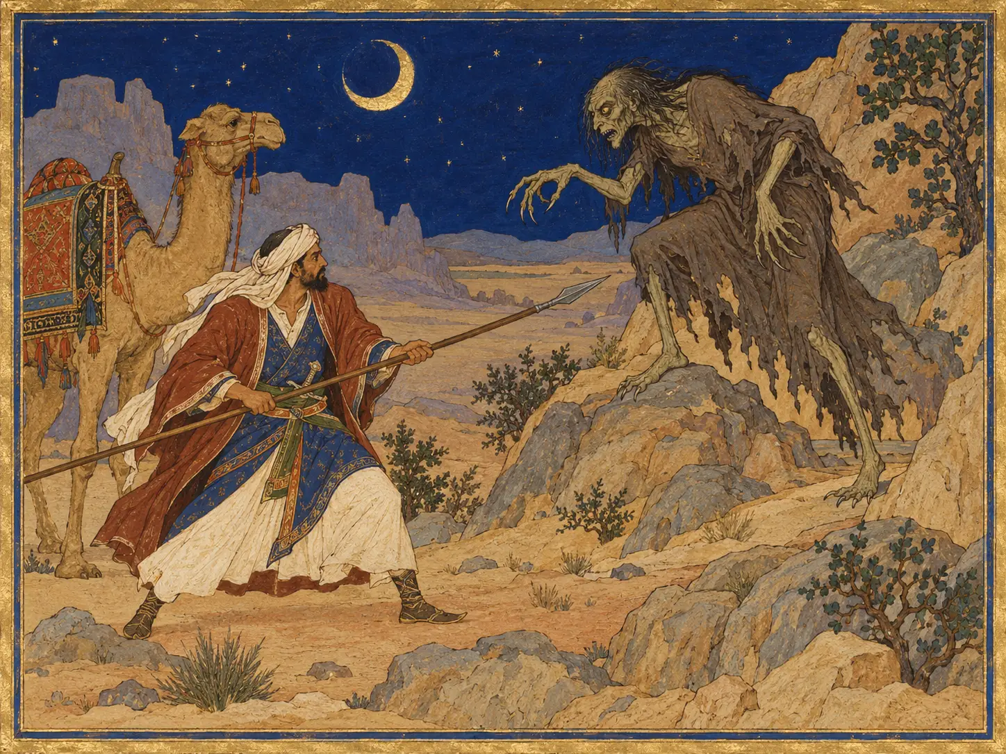 Taʾabbaṭa Sharran confronts a ghūl in the wilderness, reflecting an early Arabic literary tradition in which the creature appears as a dangerous supernatural adversary encountered beyond settled places.