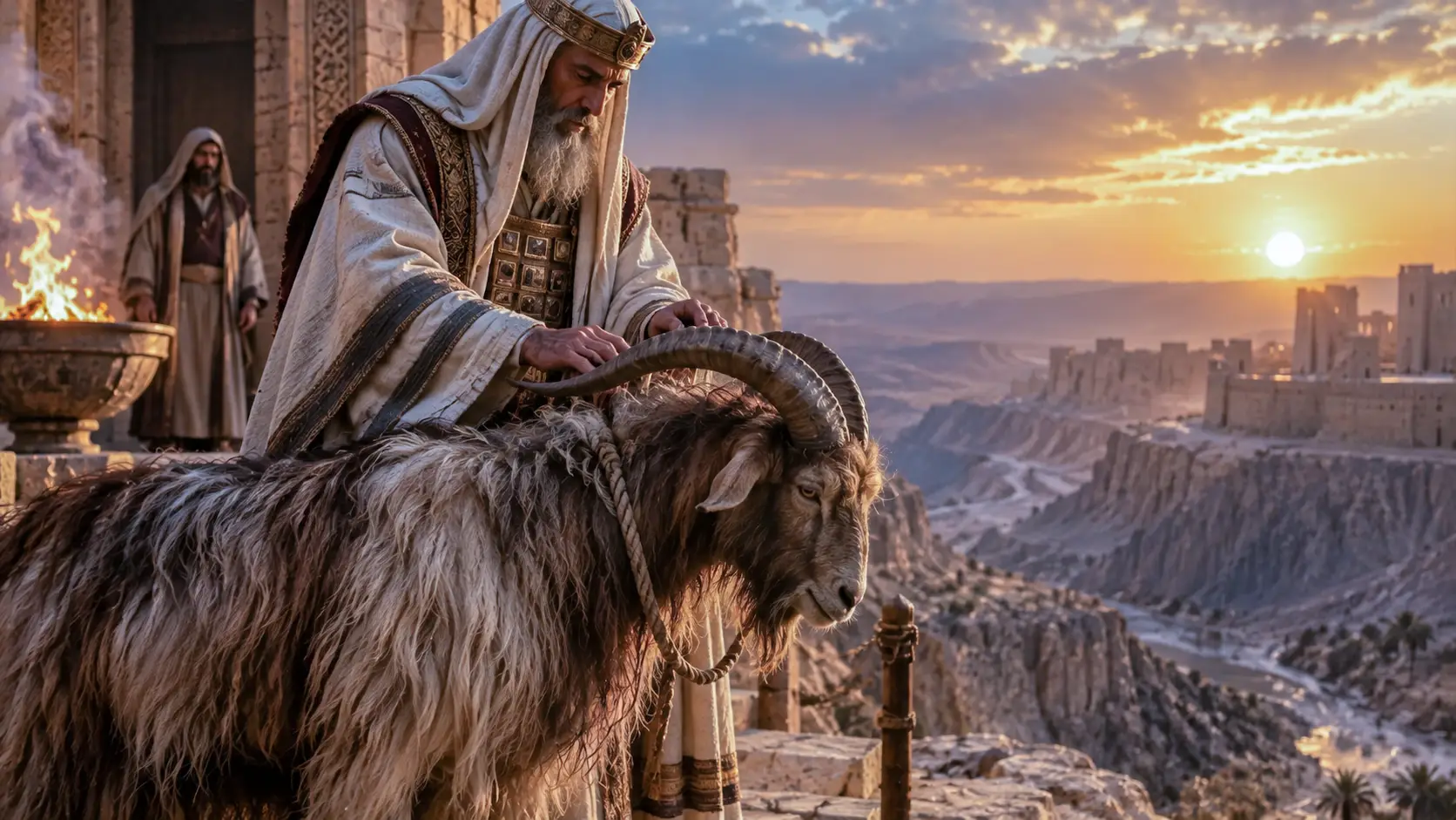 The ancient Yom Kippur scapegoat ritual, as a Hebrew high priest places his hands upon a goat destined for Azazel. Described in Leviticus 16:21, the ceremony symbolically transfers Israel's sins to the animal before its journey into the wilderness. Later Jewish interpretations connect Azazel with the se’irim, or goat-demons.