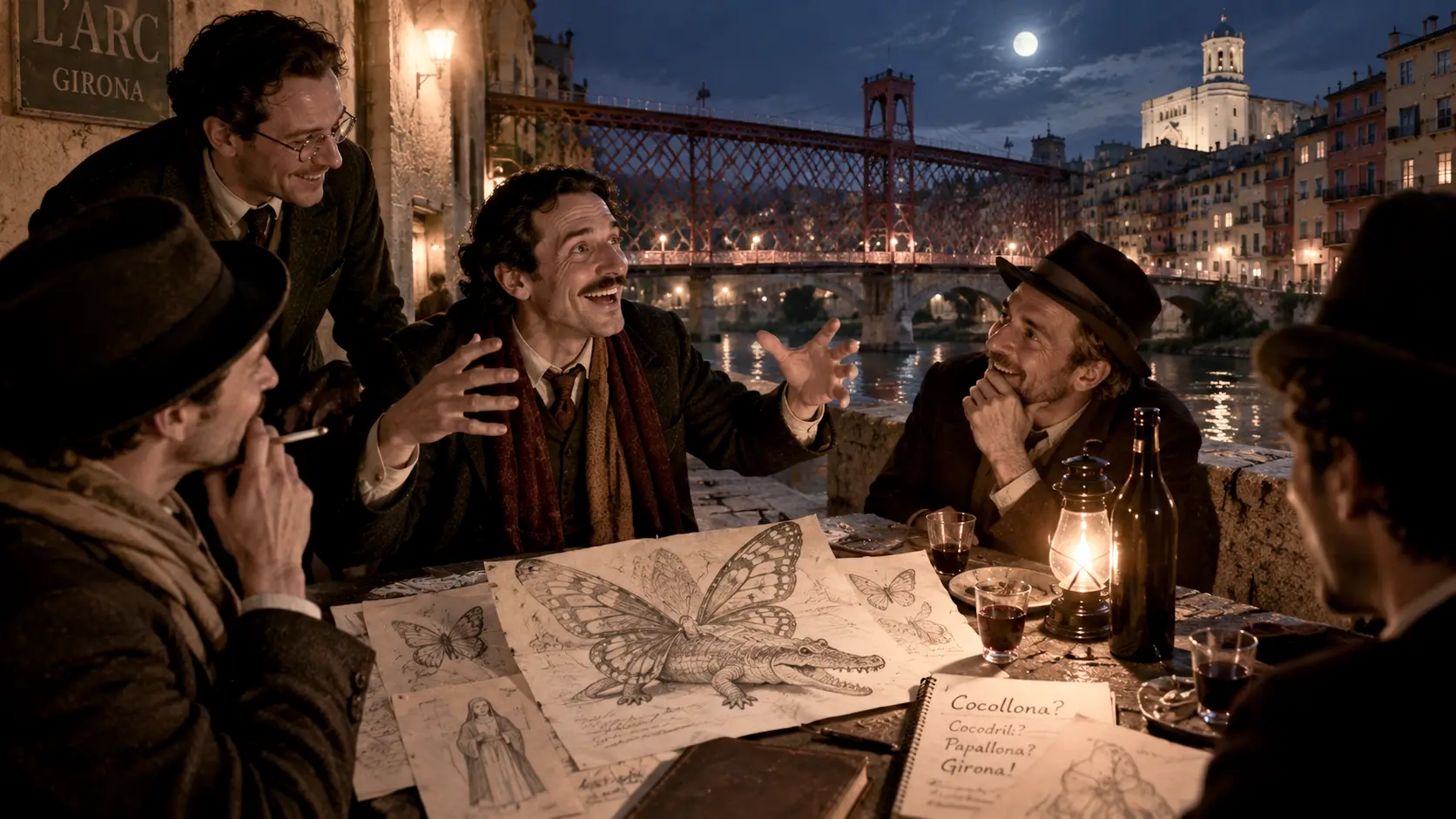 Artistic reconstruction of Emili Massanas and friends developing the Cocollona legend during a late-night gathering in Girona. Their conversations transformed a playful invented name into the crocodile-and-butterfly creature that became part of the city’s modern folklore. This is an illustrative reconstruction, not a photograph of the actual event.
