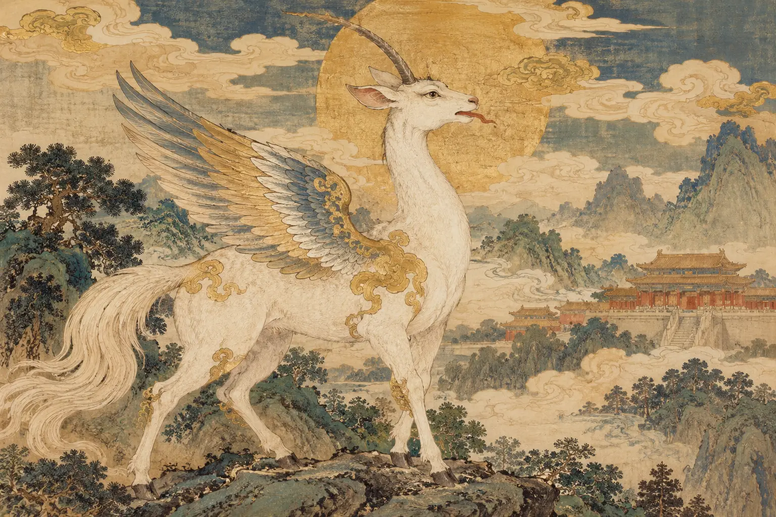 Tianlu as an auspicious white, single-horned beast, appearing as a favorable omen of virtuous rule in a scene inspired by traditional Chinese painting.