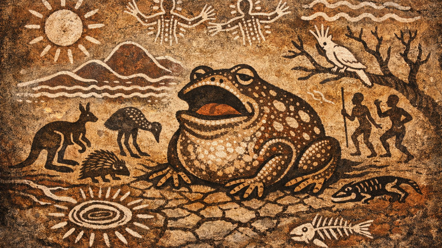 Tiddalik sits beside a drying waterhole, his enormous swollen belly towering over the surrounding animals.