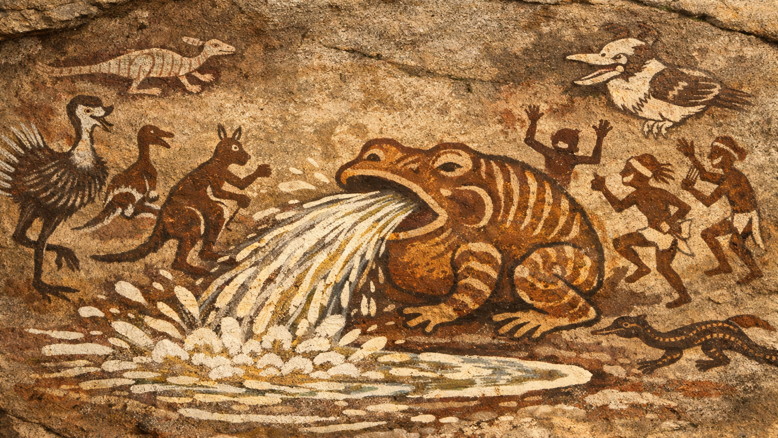 Tiddalik releases a torrent of water after the other animals finally make the giant frog laugh.