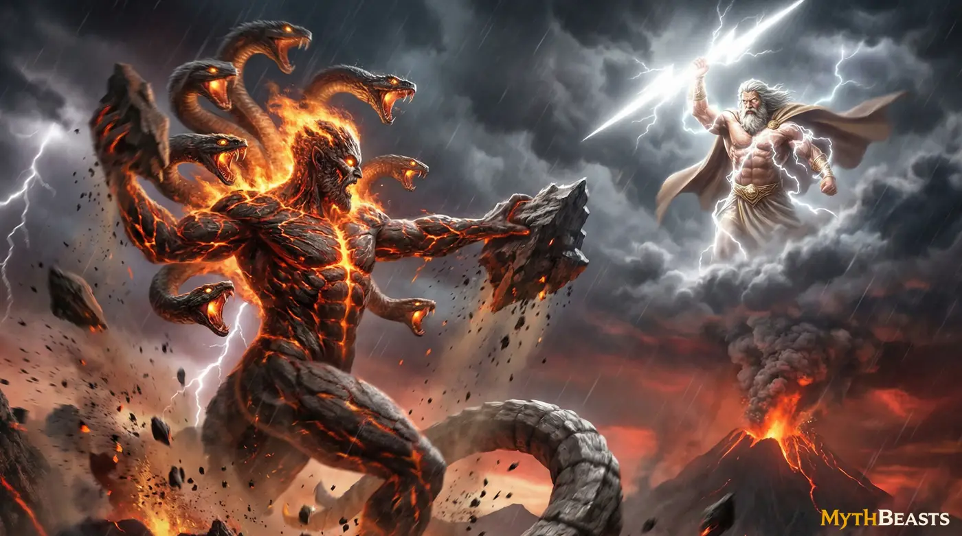 The battle is fierce, with Typhon hurling mountains and Zeus retaliating with thunderbolts.