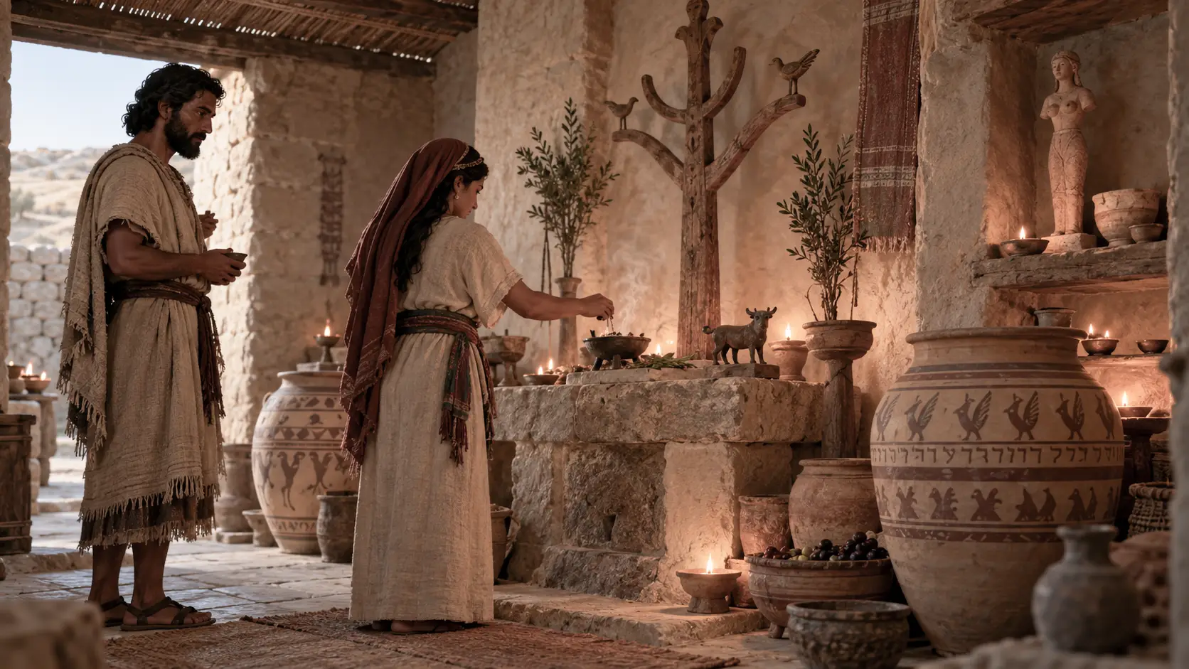 A Judahite family presents offerings at a household shrine associated with Asherah, reflecting the complex mix of domestic worship and official religion in ancient Israel.