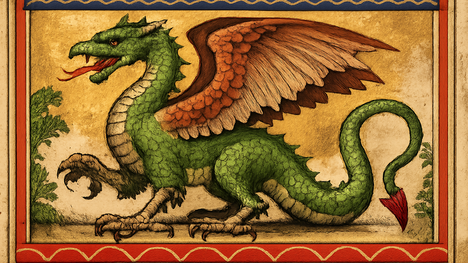 A hybrid creature stands on a shield, eagle-like feet beneath outstretched wings and a curved tail.