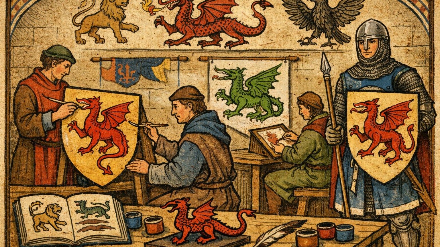 A stylized composite beast occupies an armorial emblem.