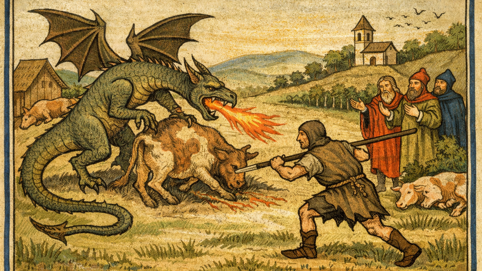 A monster attacks cattle and people in a threatened community.
