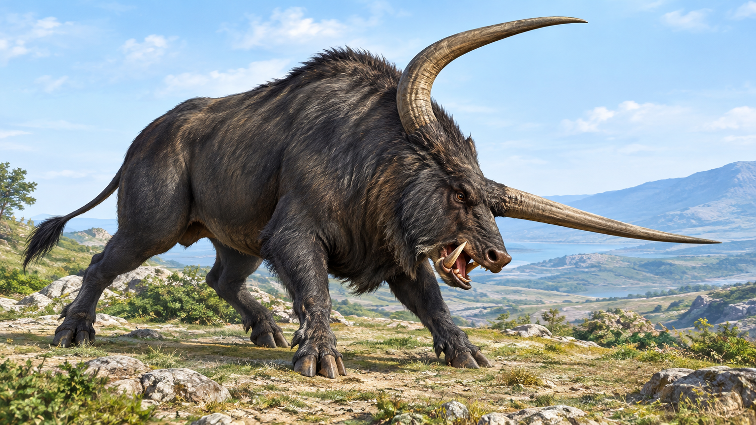 A dark quadruped stands broadside, its long horns rising above a heavy body and elephant-like tail.